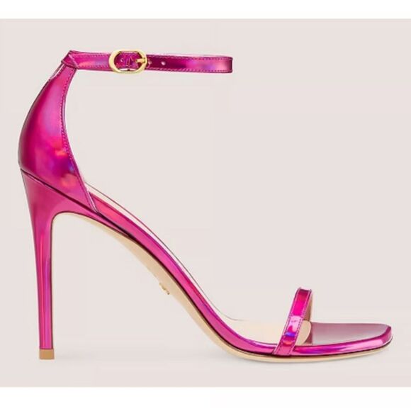 STUART WEITZMAN Sandal Nudist NEW Iridescent Patent Leather 4.5” Stiletto Pink 9 - Picture 1 of 16